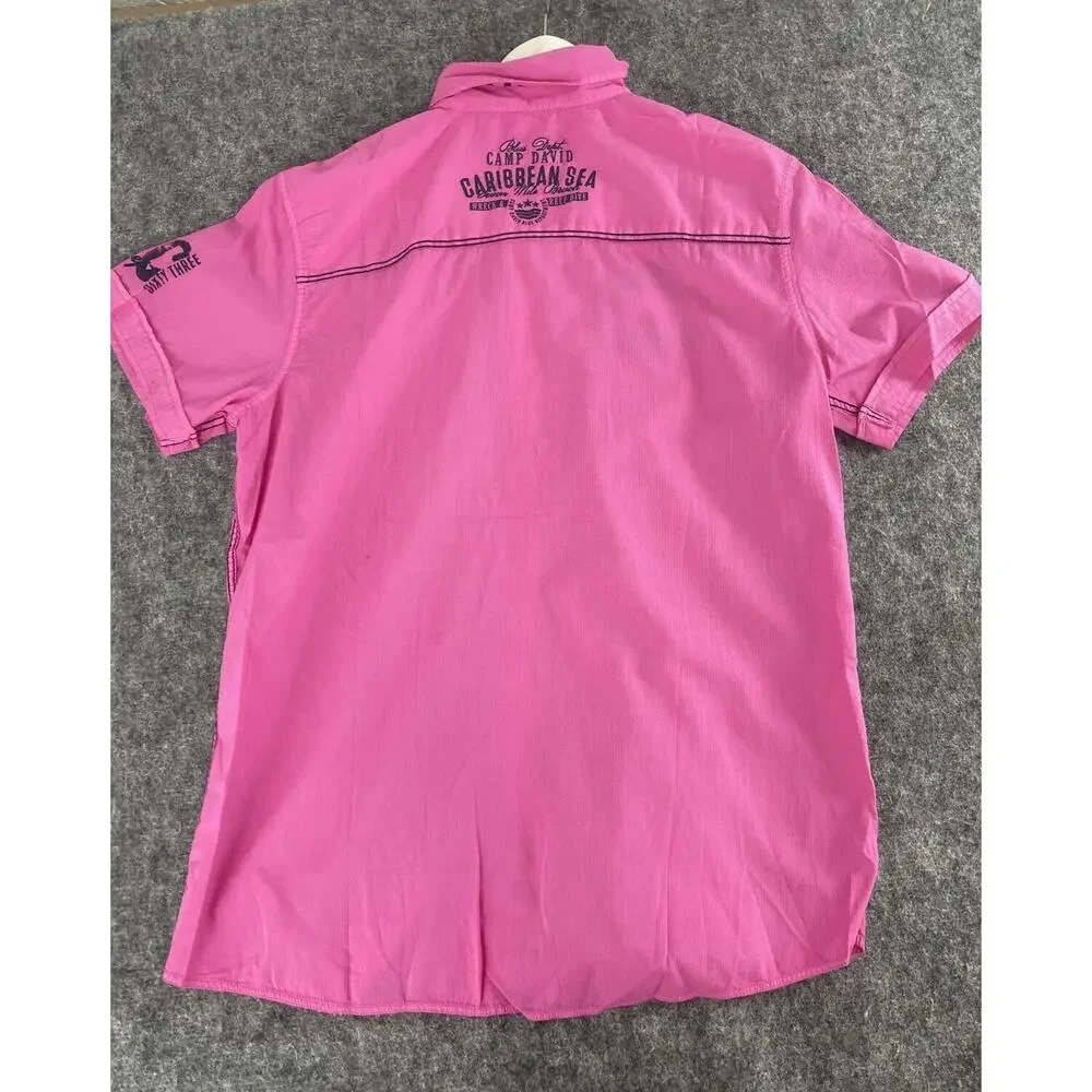 Camp David Shirt Mens Medium Pink Button Up Embroidered Short Sleeve Cotton N30